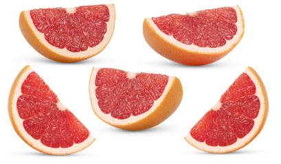 Standing ripe slice of pink grapefruit citrus fruit set isolated with clipping path. Grapefruit fruit slices cut out.