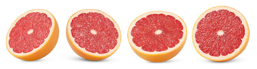 Grapefruit halves isolated. Half of pink grapefruit with clipping path. Citrus piece collection cut out.