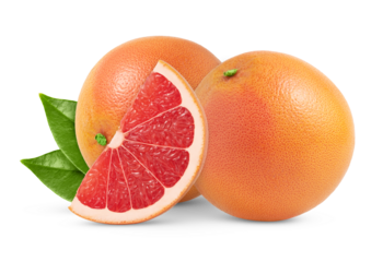 Grapefruit with cut isolated on white background. Grapefruits, green leaf and slice with clipping path.