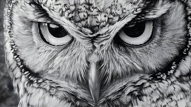 Closeup owl face grayscale image