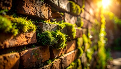 Sunlight illuminates an old brick wall covered with vibrant green moss, creating a textured and natural backdrop with a blurred depth of field in the background.