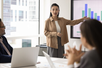 Data driven strategy. Confident young woman project manager present marketing plan statistics results on interactive screen to engaged multiethnic stakeholders partners group in boardroom presentation