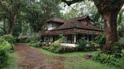 Stunning photo of traditional Southern Indian Style Vintage House in Rural Kerala: A Glimpse of Architectural Heritage.