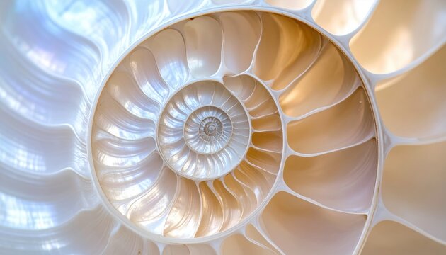 Luminous Nautilus Shell Cross-Section with Pearlescent and Golden Spiral Chambers