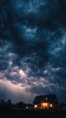 Stunning photo of dramatic night scene lightning strikes over suburban house. Thunderstorm clouds cover the sky. Dark weather creates intense atmosphere. Lights glow in home.