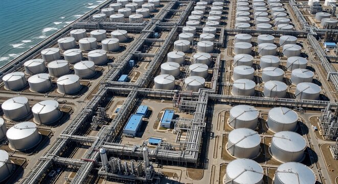 Aerial View of a Vast Industrial Oil Storage Facility with Numerous Tanks and Pipelines