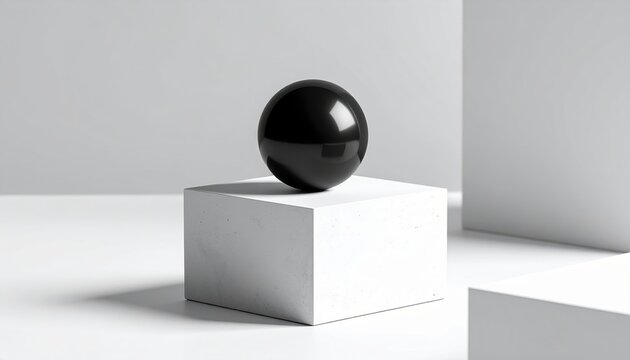 Minimalist Still Life: Glossy Black Sphere on a White Concrete Cube