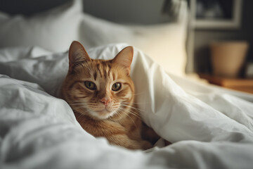 same ginger tabby cat waking up in cozy bed, white sheets