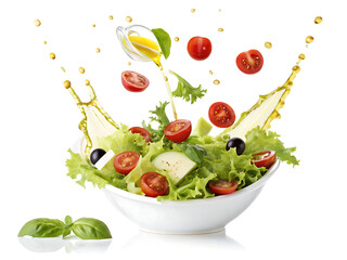 Fresh salad with tomatoes olives and greens being drizzled with dressing in a white bowl on white