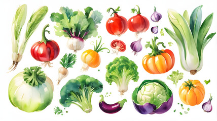 Watercolor vegetables set. Fresh and healthy vegetables on white background. Great source of vitamin.