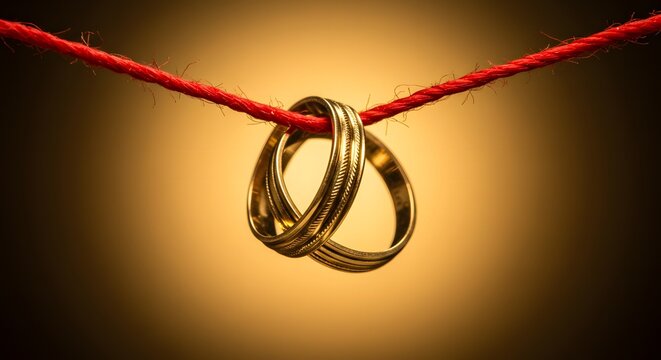 Two golden wedding rings hanging from a red string against a blurred golden background studio shot