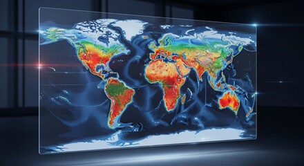 Futuristic digital screen displaying a colorful world map with climate and temperature data.