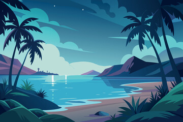 A serene tropical beach at night with palm trees, a calm sea, and a starlit sky, perfect for relaxation