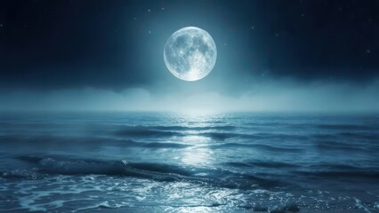 Fototapeta premium Ethereal Full Moon Shines Over Misty Ocean Waves Under Starry Night Sky
