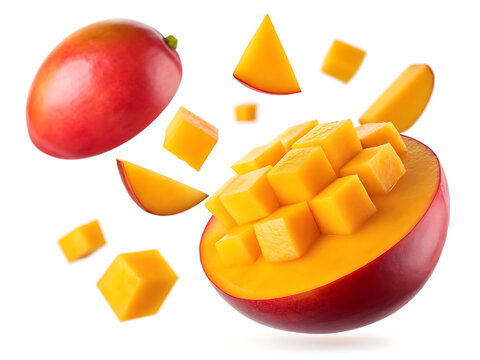 A vibrant display of mango fruit with half cut and diced pieces floating on a white background studio shot