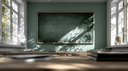 Classroom with a green chalkboard and a window. The chalkboard is empty and the window is letting in sunlight