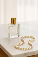 Perfume Bottle and Pearl Necklace on Marble Surface