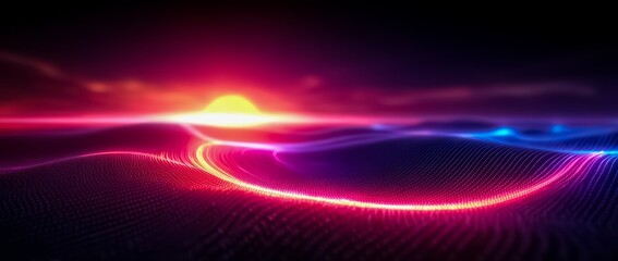 Fototapeta premium Colorful, abstract landscape with a red sun in the sky. The sky is filled with a variety of colors