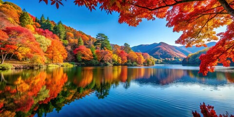 Vast autumn foliage with vibrant red and orange hues against a serene lake backdrop under a clear blue sky in Japan, orange, Japanese landscape