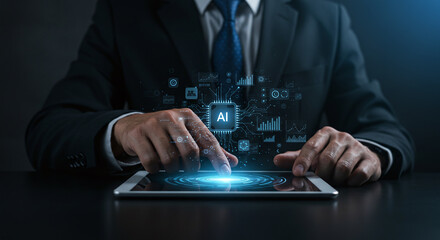 Man in suit using tablet with artificial intelligence chip and data visualization overlay display