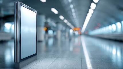 Large white sign is standing in a large, empty room. The sign is in the center of the room. The room is very bright
