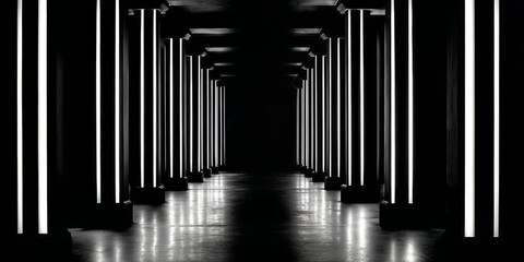 Long, empty hallway with many pillars of light shining down on it. The light is on, creating a serene