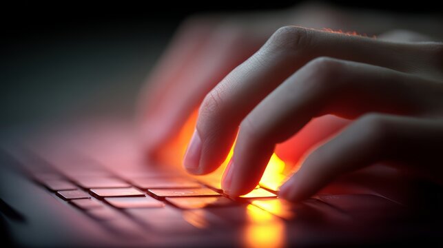 Hand is typing on a keyboard with a red glow. Concept of urgency and focus as the person types