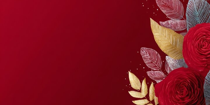 Red background with gold leaves and red roses. The image has a romantic and elegant feel to it - Powered by Adobe