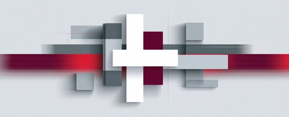 White and red cross is drawn on a gray background. The cross is surrounded by a series of gray and white squares