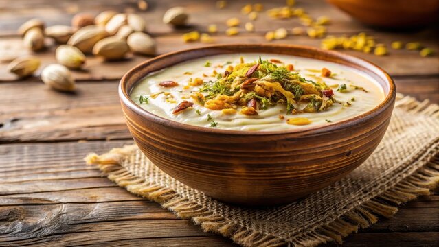 Creamy white Rabri dessert in a shallow bowl garnished with saffron threads and chopped pistachios on a wooden table