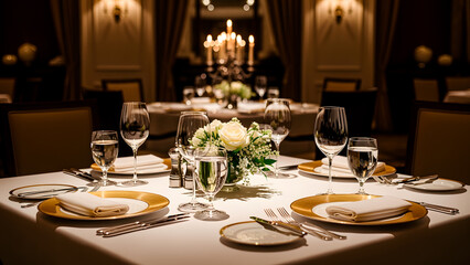 Elegantly set table with china, glassware, and floral centerpiece in warm lighting.