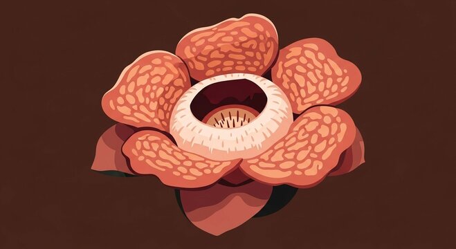 A stylized illustration of a Rafflesia flower, known for its large size and foul odor, against a dark brown background.