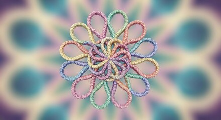 A colorful, intricate floral pattern created from looped ropes, set against a blurred, kaleidoscopic background.