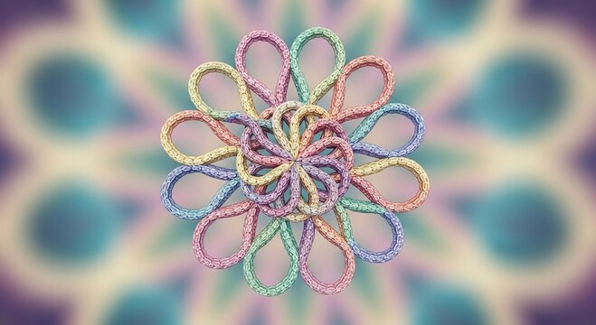 A colorful, intricate floral pattern created from looped ropes, set against a blurred, kaleidoscopic background.