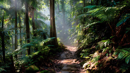 Obraz premium Sunlight streams through a lush green forest path, inviting exploration and wonder.