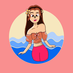 A colorful digital illustration of a female character enjoying a tropical paradise. Perfect for summer-themed projects, vacations, and beauty concepts.