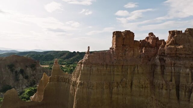Drone view of the majestic earthen pillars of Yuanmou Earth Forest in Yunnan, China