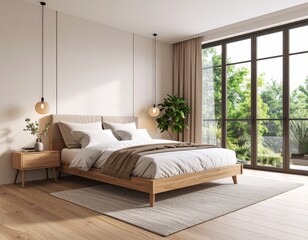 Minimalist modern bedroom interior, clean lines, neutral color palette, neatly made bed, natural light from large windows, wooden floor, photorealistic, high detail