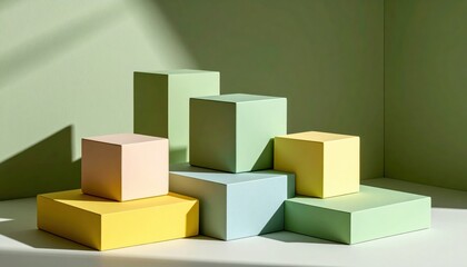 Sunlit Pastel Podiums: A Minimalist Composition of Geometric Blocks and Crisp Shadows
