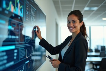 A confident businesswoman presenting data in a modern office, standing near a large digital display, natural lighting, professional attire, sharp focus