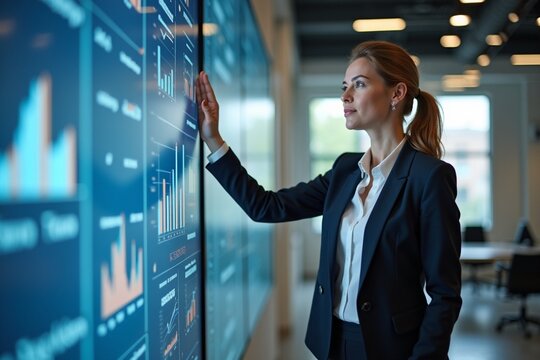 A confident businesswoman presenting data in a modern office, standing near a large digital display, natural lighting, professional attire, sharp focus