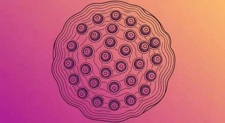 An abstract illustration of a complex molecular network with interconnected nodes on a vibrant gradient background.