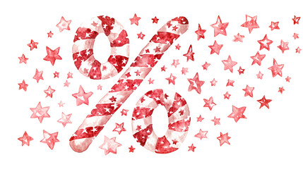 Patriotic percentage symbol with red and white stripes and stars on a transparent background, ideal for holiday sales, promotions, and festive discount campaigns.