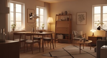 Warm Interior: Mid-Century Modern Dining and Living Room with Natural Light and Wooden Furniture