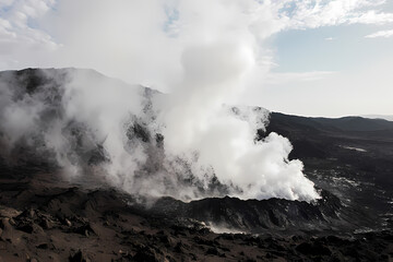 Fototapeta premium A volcanic landscape with steam rising from the ground
