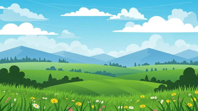 Beautiful landscape illustration. Wonderful landscape of green fields and meadows against the backdrop of mountains