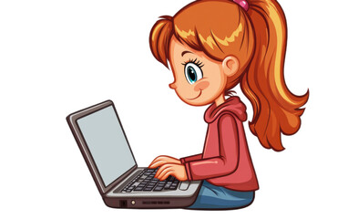 A girl using laptop cartoon computer on white background,png