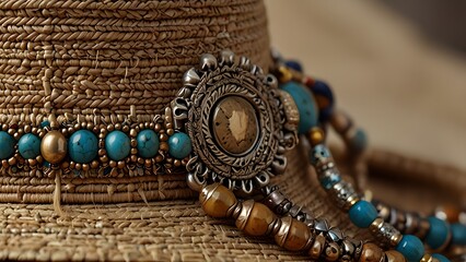 A close up macro of a bohemian style hat band with turquoise beads and a silver medallion on a woven straw hat. Fashion accessories concept