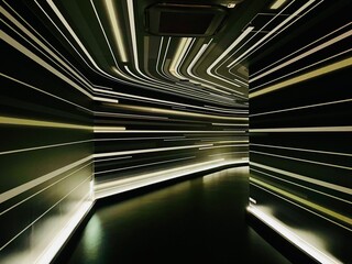 A futuristic, dimly lit tunnel with glowing yellow-gold stripes racing across the walls and ceiling, creating a sense of motion and a sci-fi atmosphere