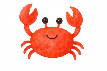 Cheerful red crab painted in watercolor, floating against transparent backdrop, perfect for kid-friendly graphic design